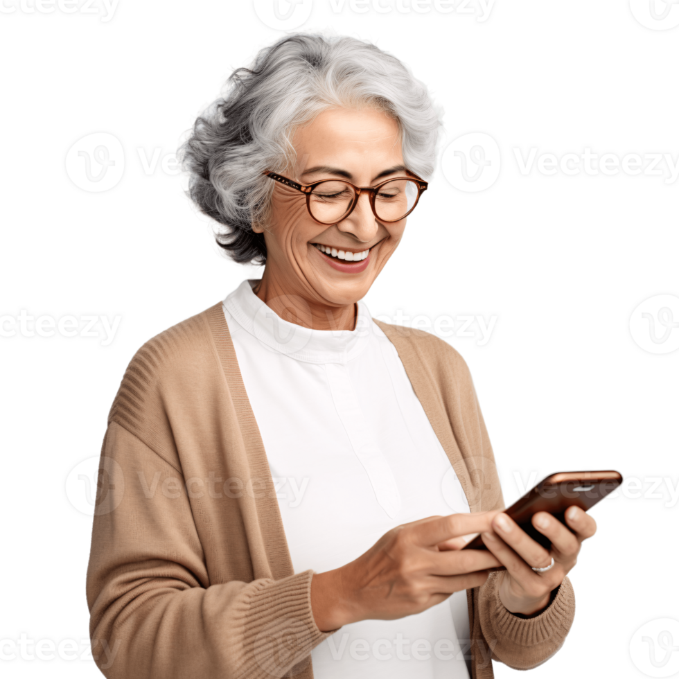 ai generative Elderly woman using her smartphone, internet, social media. Isolated on transparent background png
