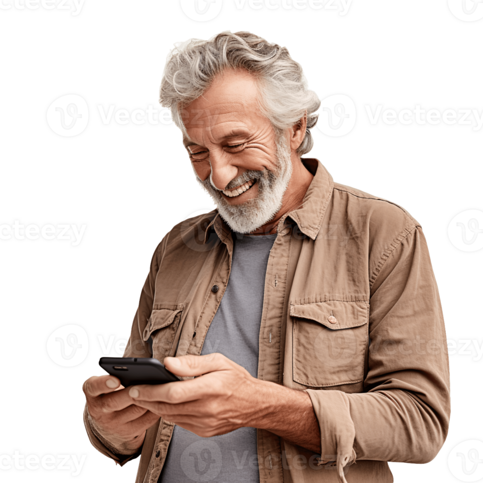ai generative Middle aged man using her smartphone, internet, social media. Isolated on transparent background png