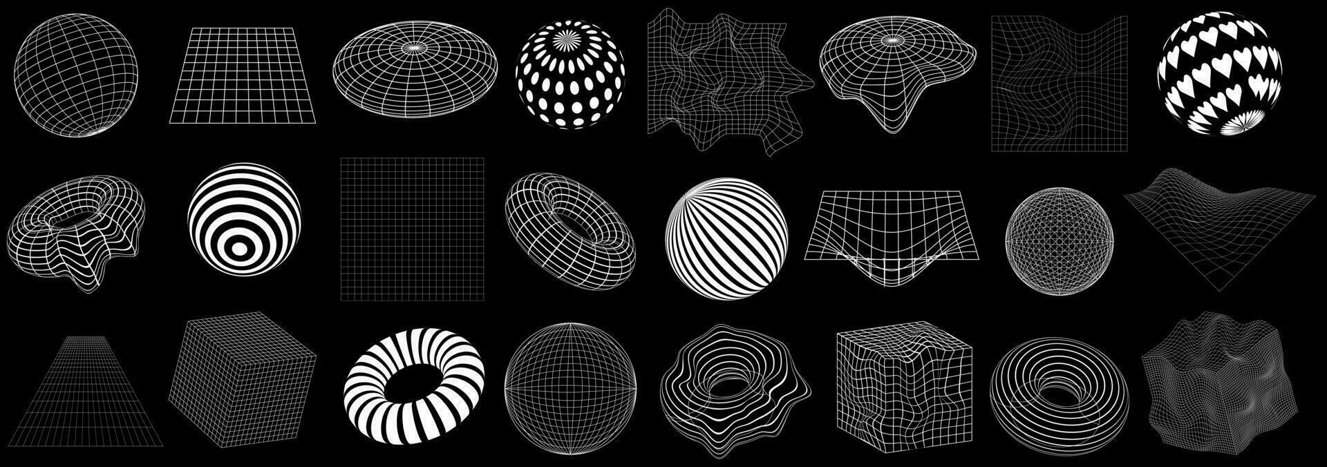 Big set of retro futuristic elements for design. Abstract collection of frames, 3d shapes, wireframe, cyberpunk windows and perspective grids.Blanks for a poster, banner, business card, sticker vector