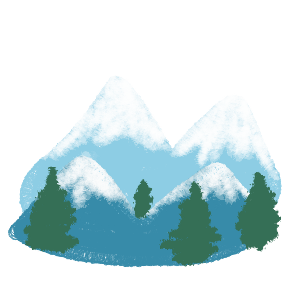 a cartoon mountain scene with trees and snow png