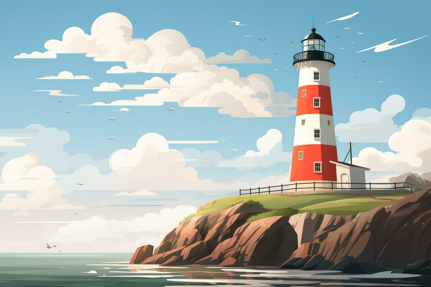 Lighthouse on the seashore, flat illustration. Seascape, signal building on the seashore. Coastal landscape with a lighthouse. Symbol of hope, waiting. Generated by artificial intelligence photo