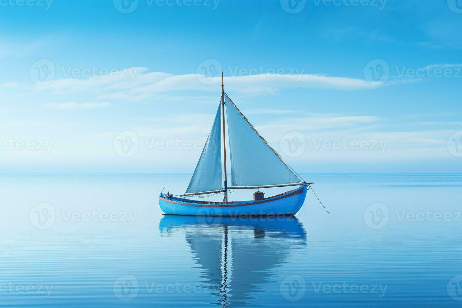 barco con blanco paño en un calma azul mar. reflexión de un velero en el agua. generado por artificial inteligencia foto