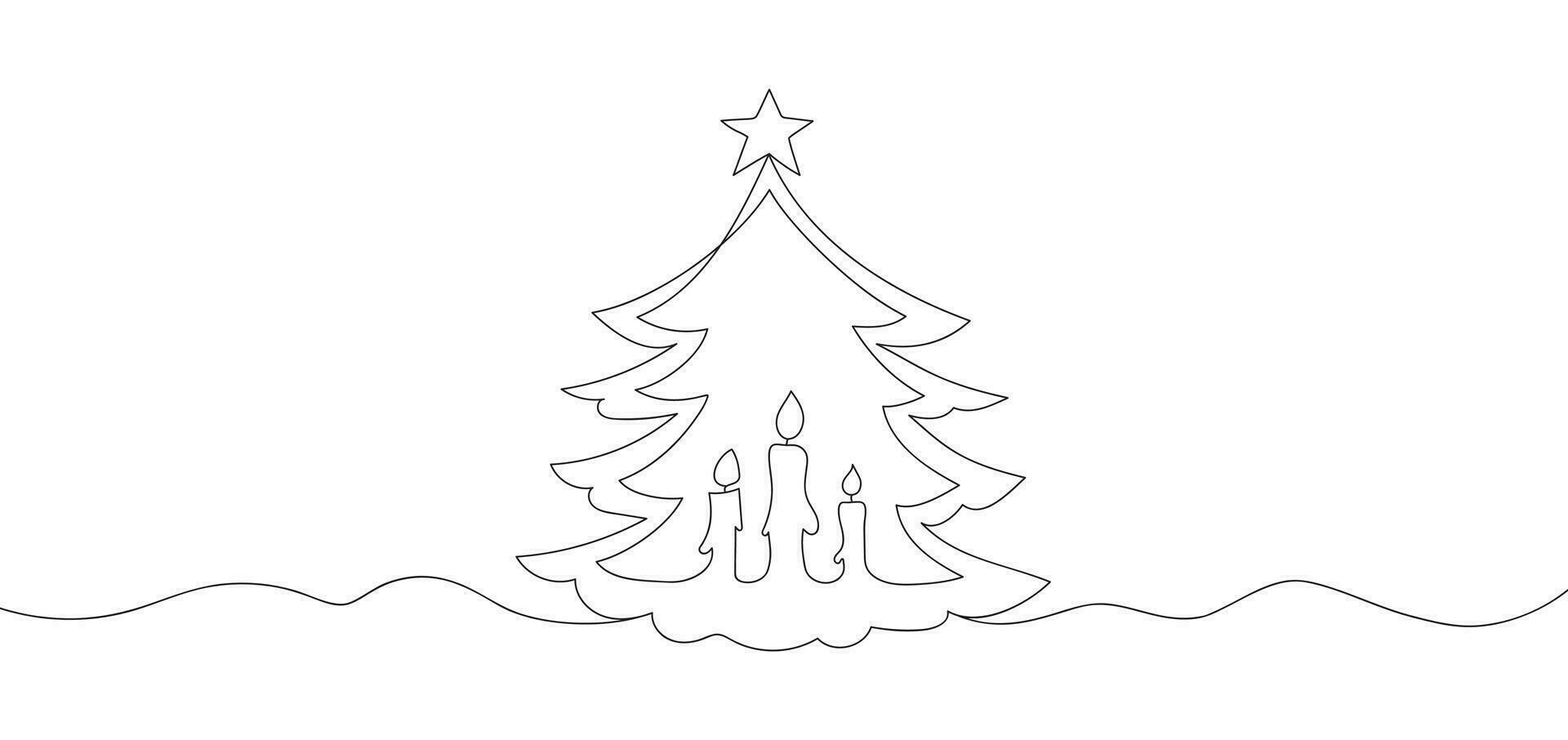 Christmas line art banner. Christmas tree with candles in continuous line style. Outline drawing Christmas tree for the New Year and Christmas vector