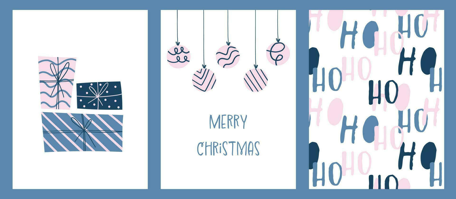 alegre Navidad conjunto saludo tarjetas, fiesta cubiertas, sin costura modelo. moderno Navidad diseño con regalos, pelotas y Ho Ho Ho modelo en azul y rosado colores en ingenuo estilo. vector