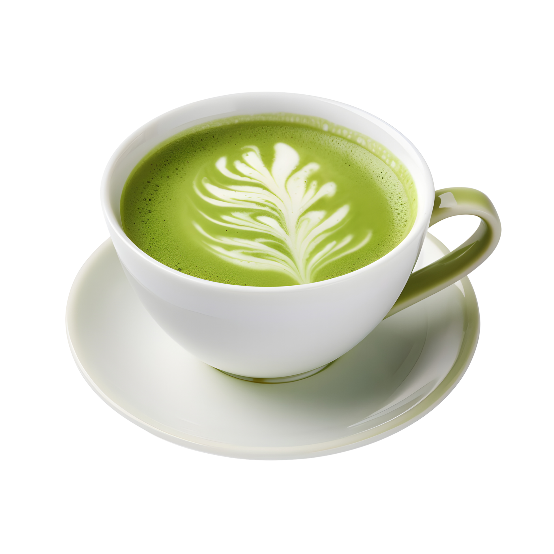 Hot matcha green tea latte art foam isolated on transparent background