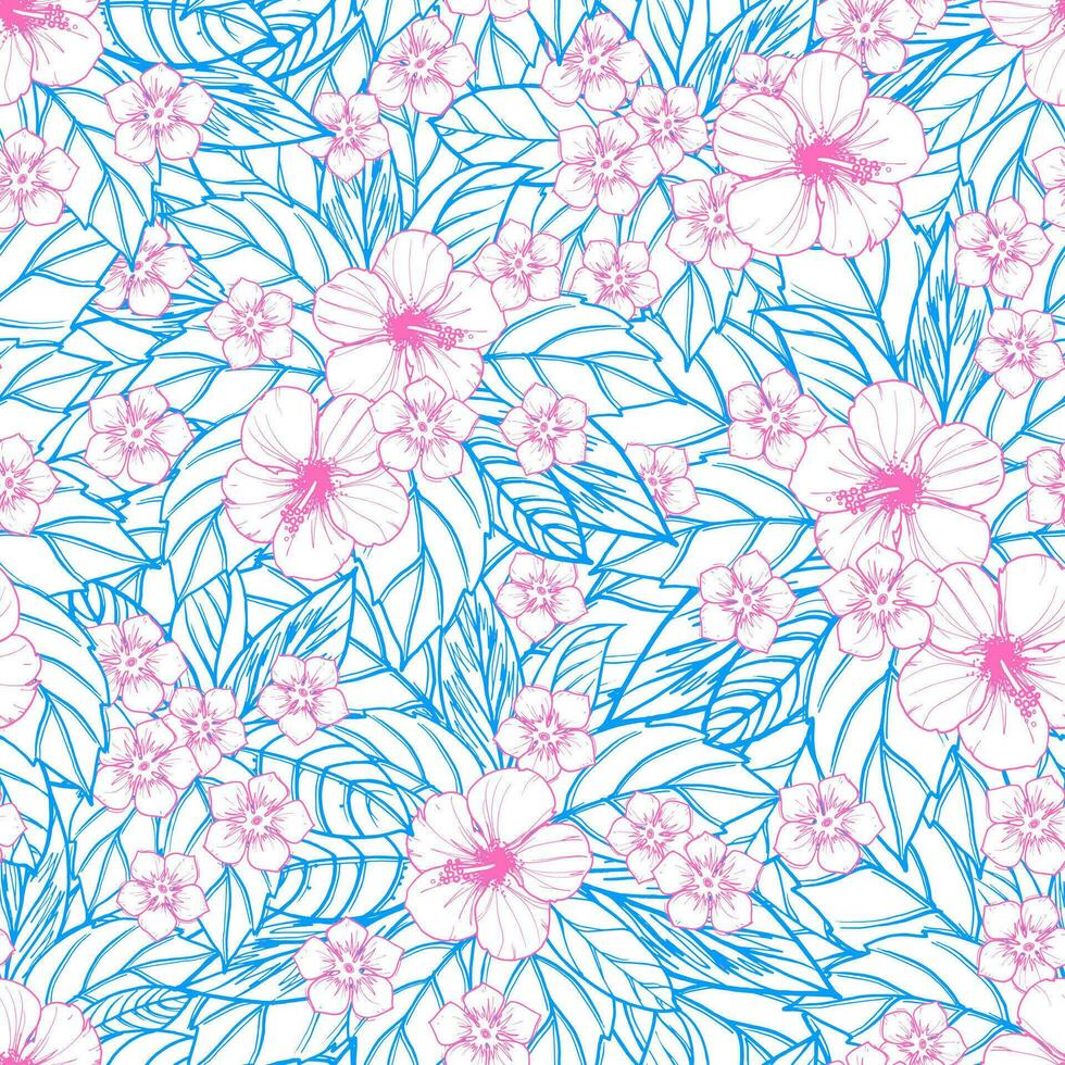blue seamless floral pattern with hibiscus flowers and leaves vector