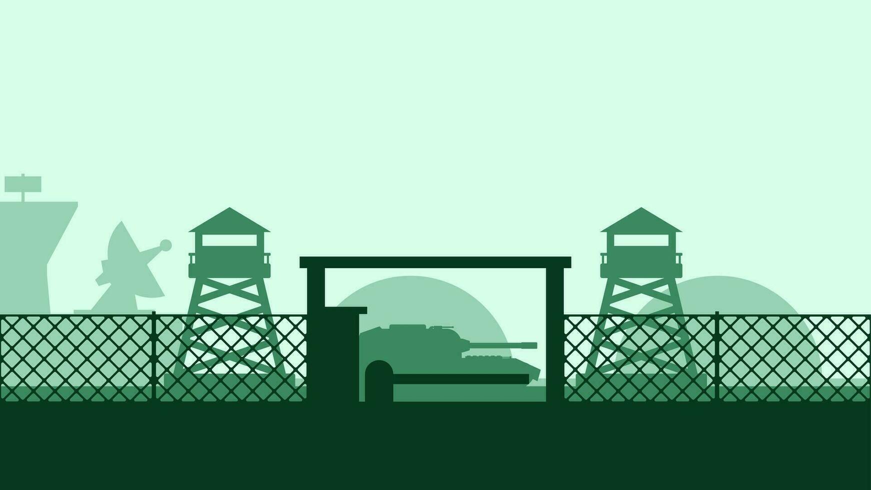 Military base landscape vector illustration. Silhouette of military base gate with guard post and tank. Military landscape for background, wallpaper or landing page
