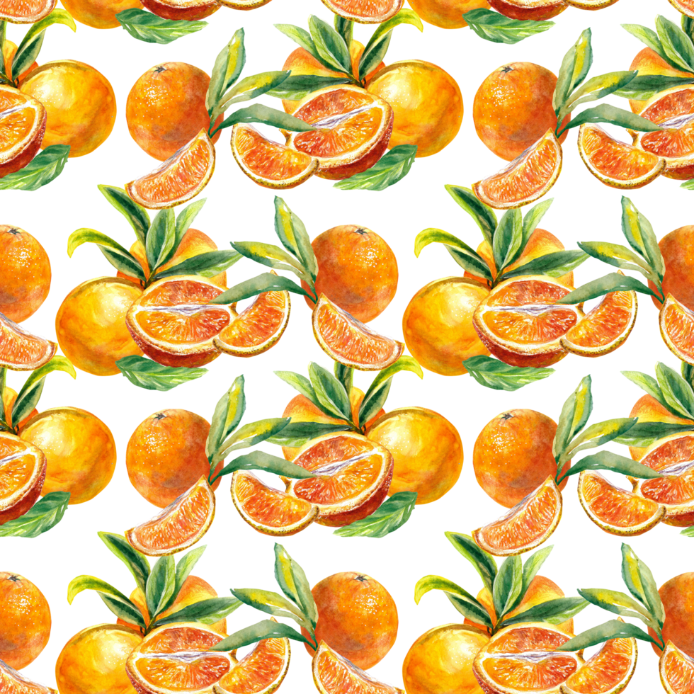 Seamless pattern of bright fruits of oranges and leaves. Watercolor illustration. Cafe menu, juice labels, food packaging, covers, greeting cards, textiles. png