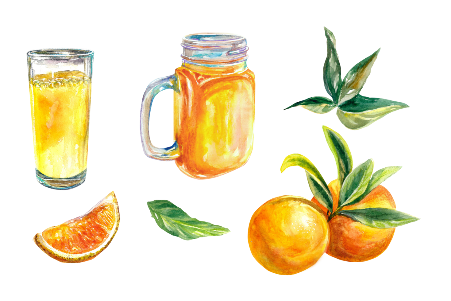 un' bicchiere di succo, totale e affettato arance, le foglie. acquerello illustrazione. bar menù, succo etichette, cibo confezione, copertine, saluto carte, inviti. png