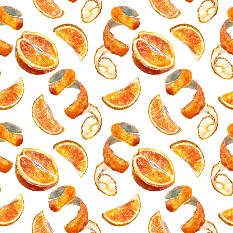 Seamless pattern of orange slices and zest. Watercolor illustration. Design element for cafe menu, juice labels, food packaging, covers, greeting cards, textiles. png