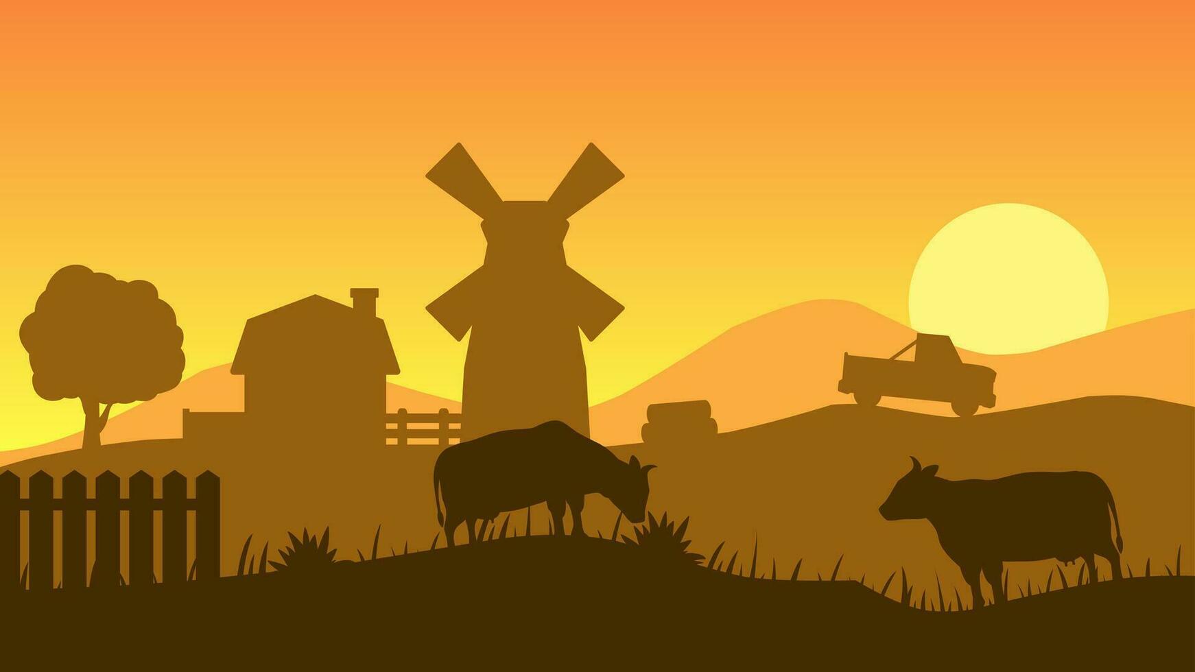 campo en puesta de sol paisaje vector ilustración. granja silueta paisaje con ganado, molino y granero. rural agricultura silueta para fondo, fondo de pantalla o aterrizaje página