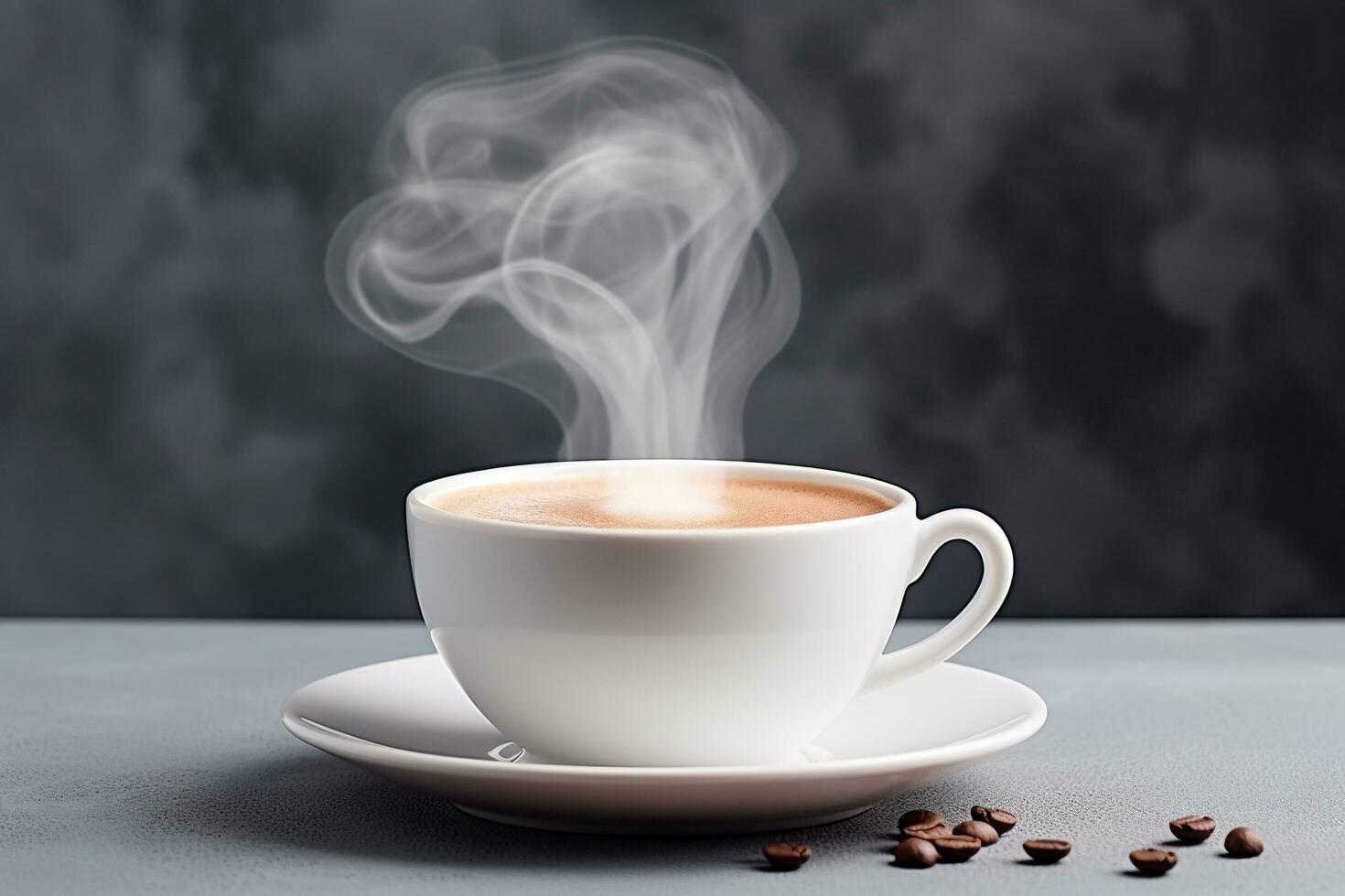 Coffee cup with steam over a cup on a grey tabletop. Generated by artificial intelligence photo