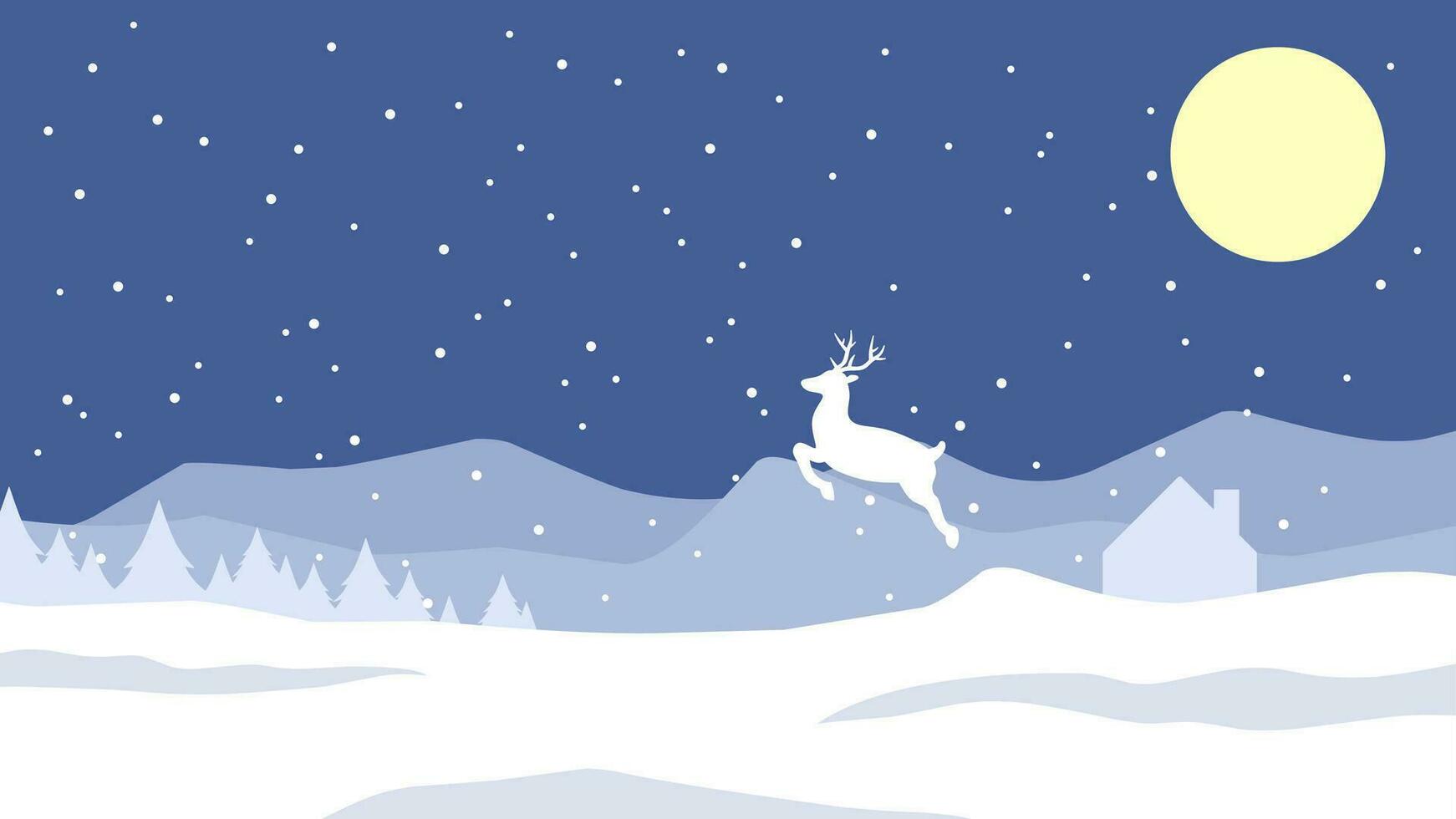 Winter in the night landscape vector illustration. Winter background with reindeer and pine forest at the snow hill. Silhouette of cold season landscape for background or wallpaper