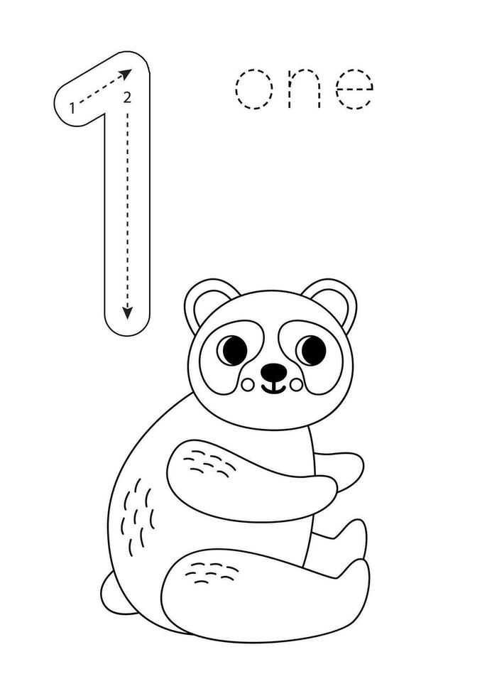 Flashcard number 1. Preschool worksheet. Cute cartoon panda. vector