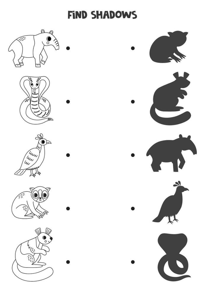 encontrar el correcto oscuridad de negro y blanco asiático animales lógico rompecabezas para niños. vector