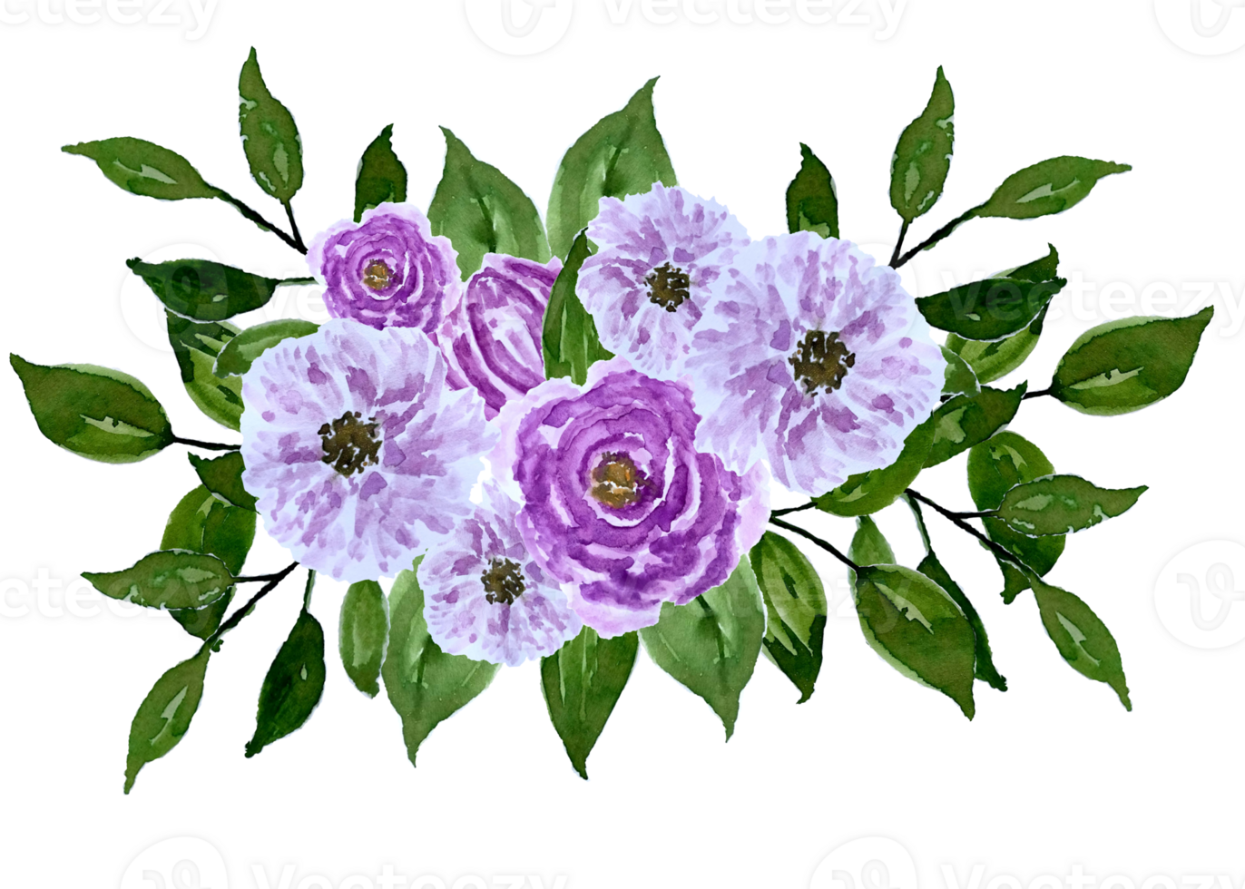 Watercolor purple flowers arrangement illustration png