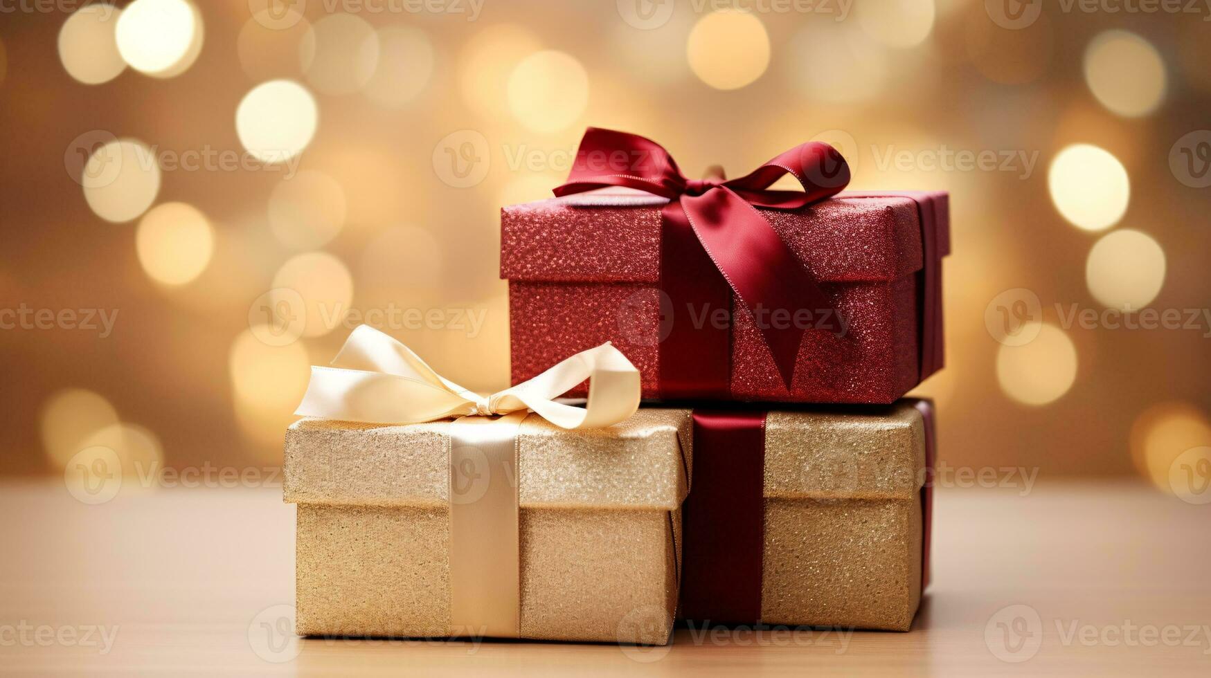 ai generative Bow wrapped Christmas presents, gifts with a blurred bokeh background photo