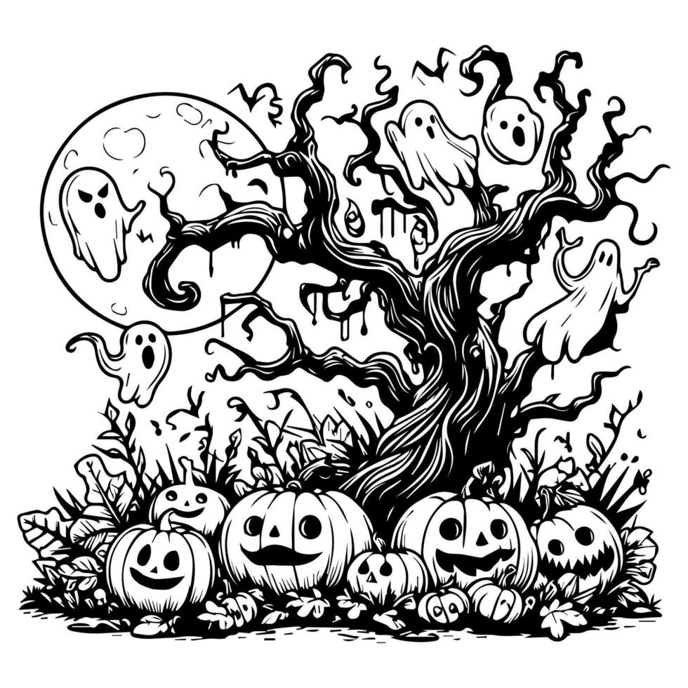 negro silueta Hanuted antiguo árbol Víspera de Todos los Santos celebracion con fantasma y calabaza vector