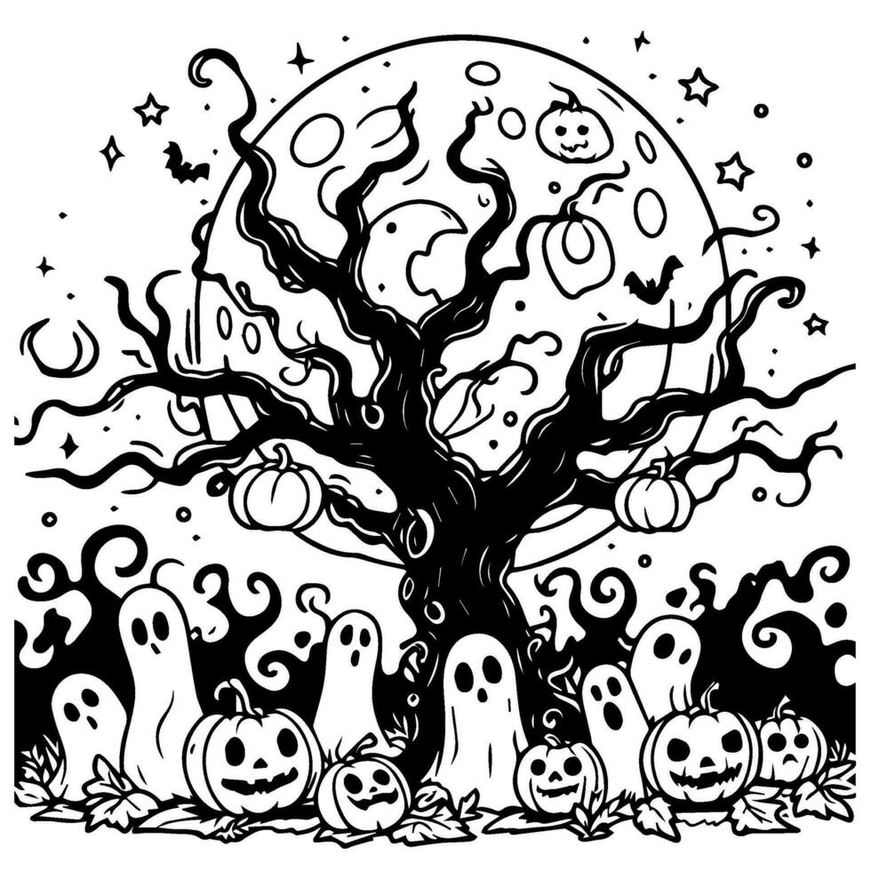 negro silueta Hanuted antiguo árbol Víspera de Todos los Santos celebracion con fantasma y calabaza vector