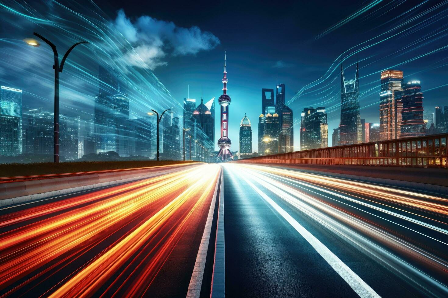 the light trails on the modern building background in shanghai china, the light trails on the modern building background in shanghai china, AI Generated photo