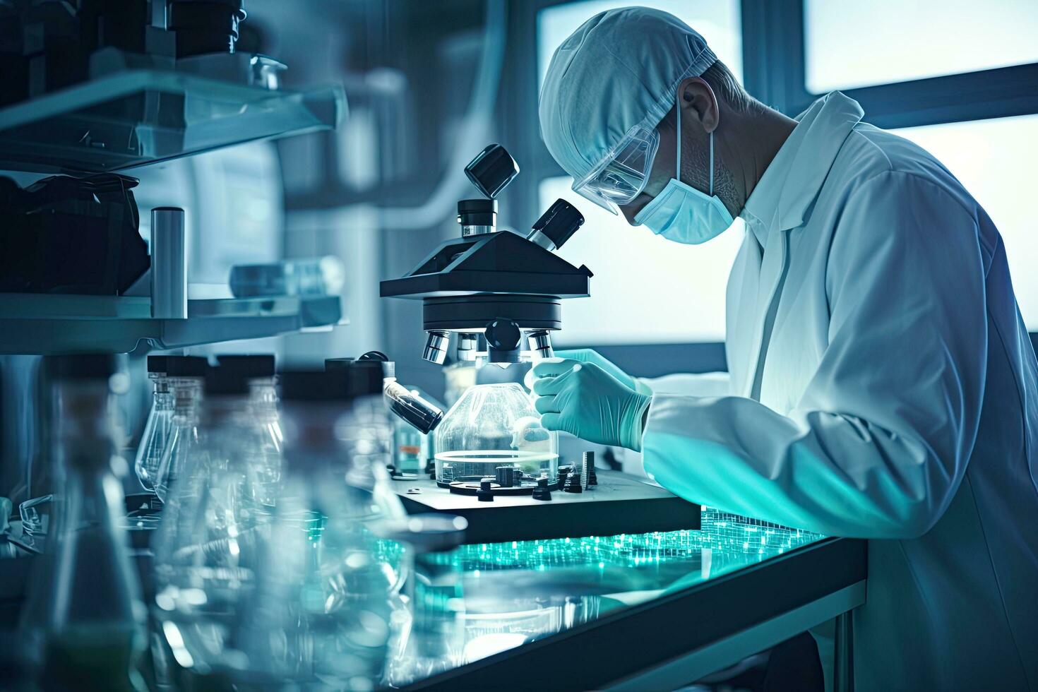 scientist working with microscope in laboratory, science research and development concept, The Doctor of Medical Sciences works in a laboratory with a biological apparatus, AI Generated photo