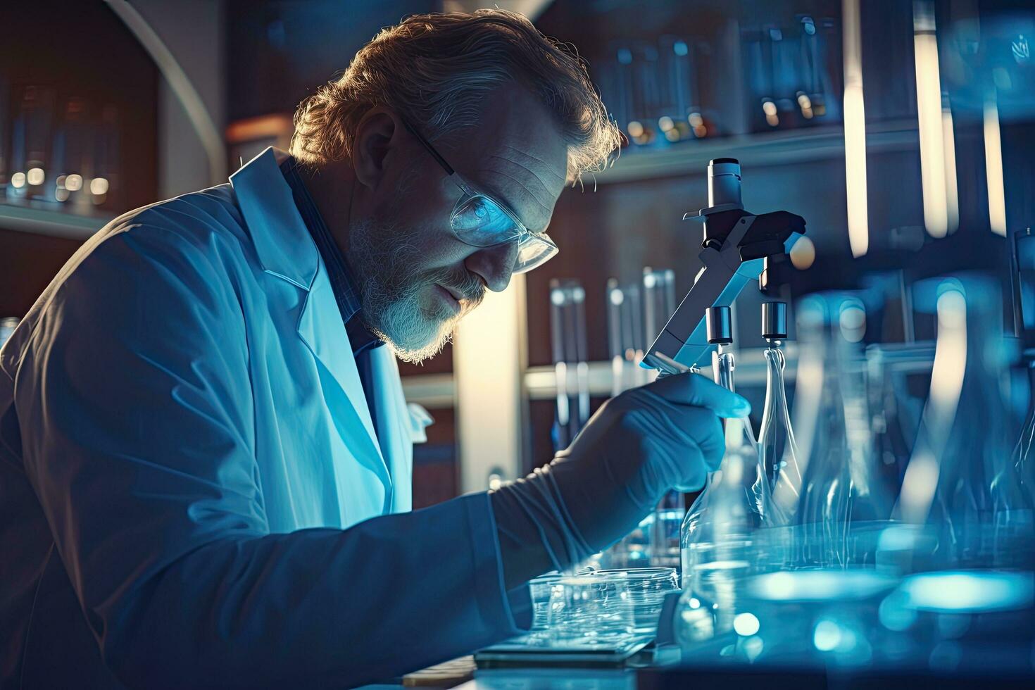 Scientist working in the laboratory. Portrait of a senior male scientist working in a laboratory, The Doctor of Medical Sciences works in a laboratory with a biological, AI Generated photo