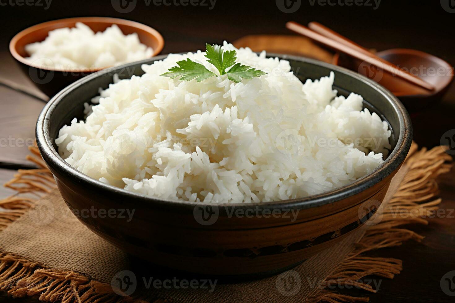 White cooked rice in a brown wooden bowl on a wooden table. Generated by artificial intelligence photo