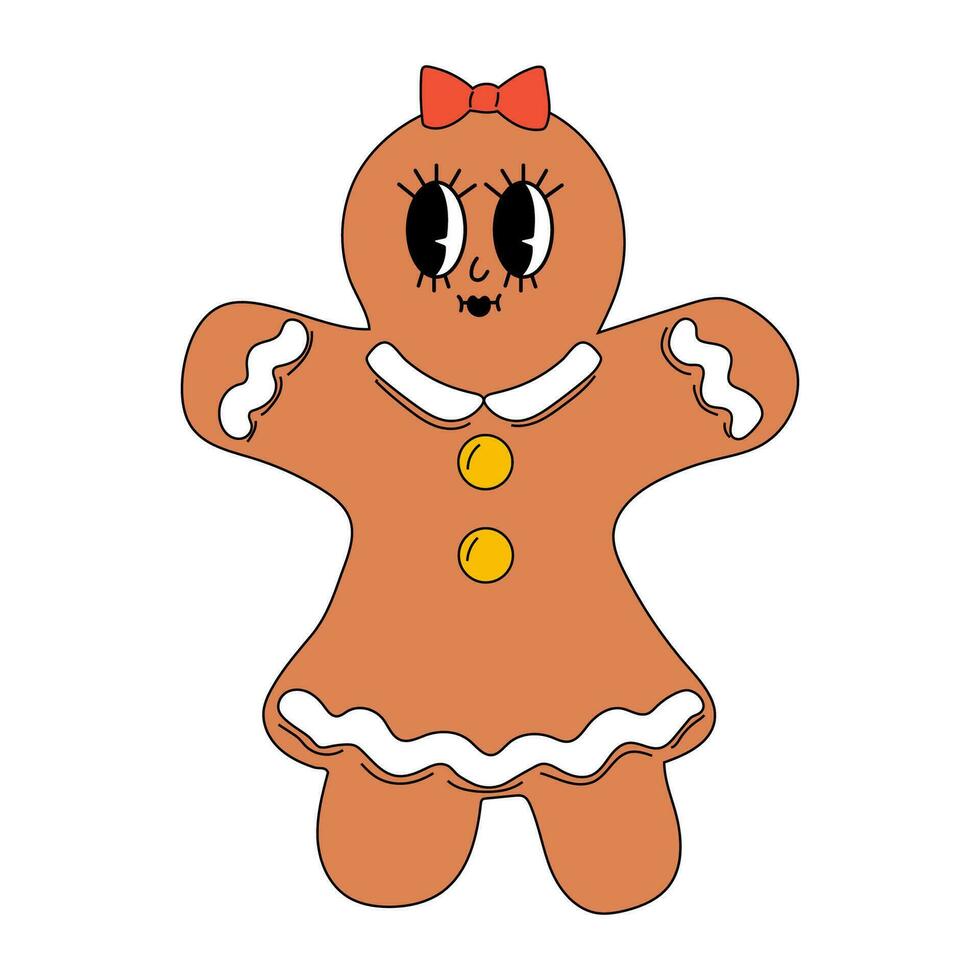 Christmas Gingerbread cookie. Happy and cheerful emotions. Old animation 60s 70s, funny cartoon characters. Trendy illustration in retro style. vector