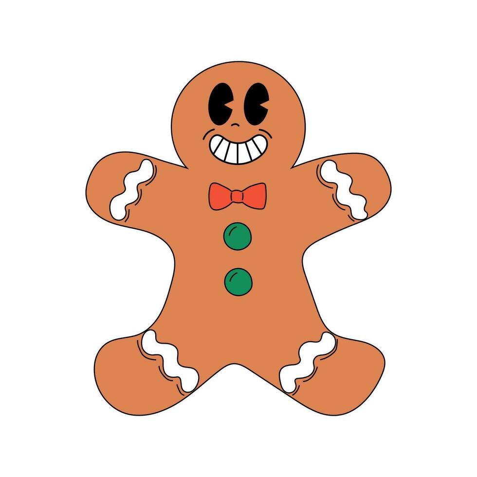 Christmas Gingerbread cookie. Happy and cheerful emotions. Old animation 60s 70s, funny cartoon characters. Trendy illustration in retro style. vector