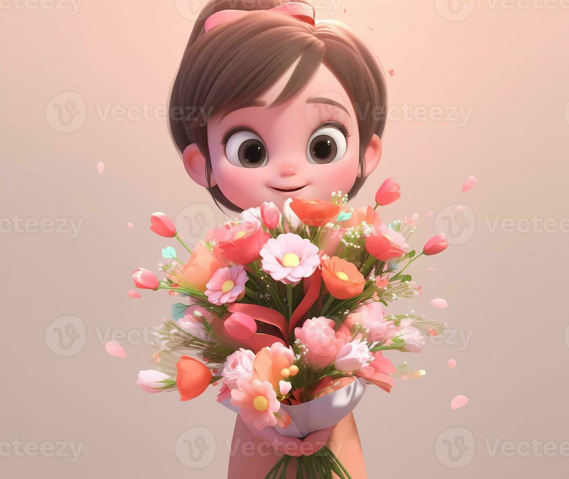 AI Generated Cute little girl holding a bouquet of flowers in Mothers Day. International Womens Day. St. Valentines day concept. Copy space photo