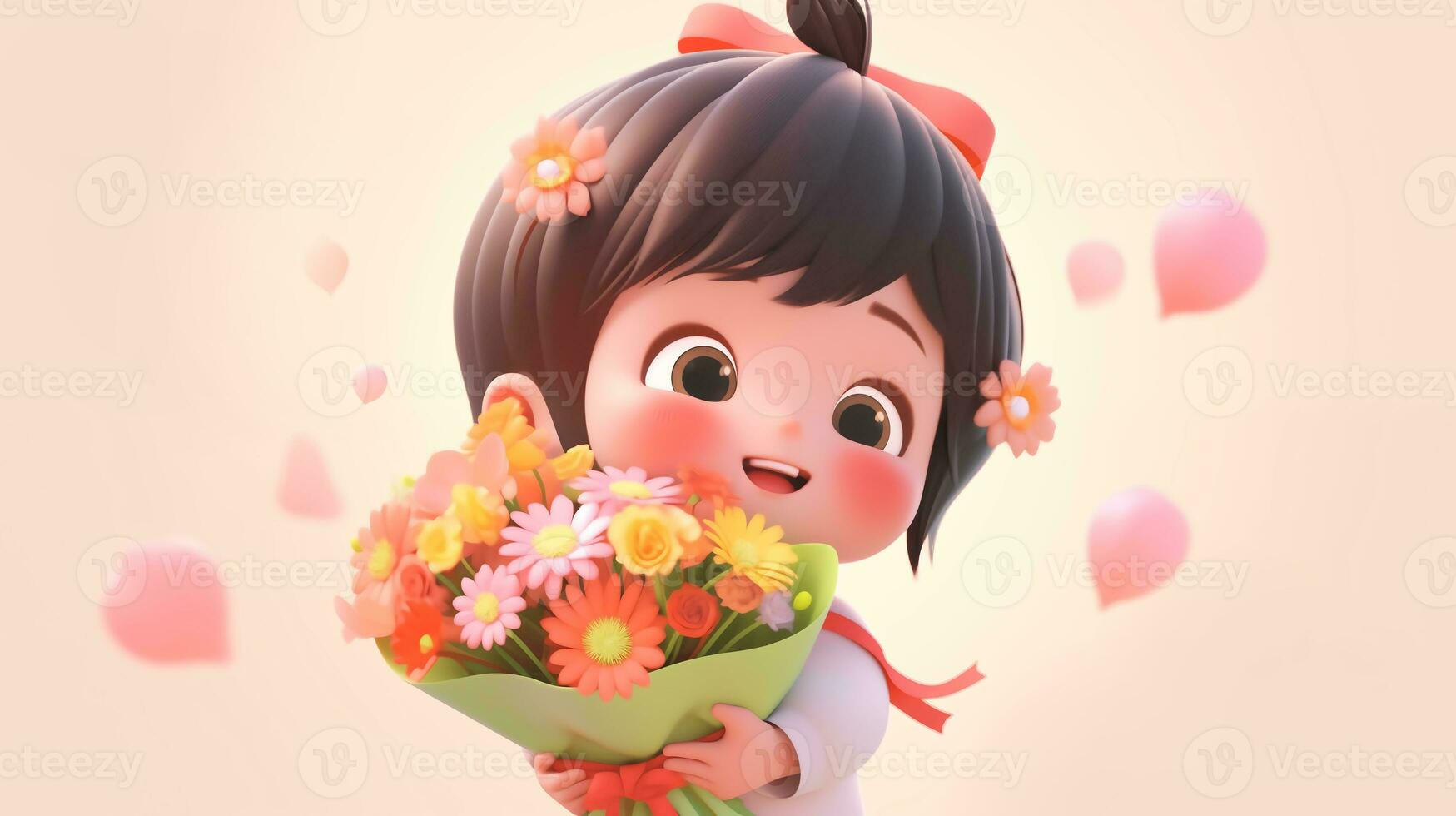 AI Generated Cute little girl holding a bouquet of flowers in Mothers Day. International Womens Day. St. Valentines day concept. Copy space photo