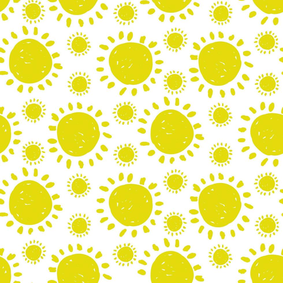 Large bright strokes of the sun are highlighted on a white background. Yellow seamless pattern. Vector flat graphic illustration drawn by hand. Textural engraving, pen hatching. Children's textiles
