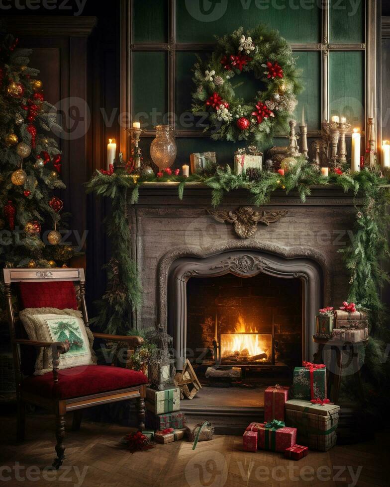 Christmas Decorated Fireplace AI Generative photo