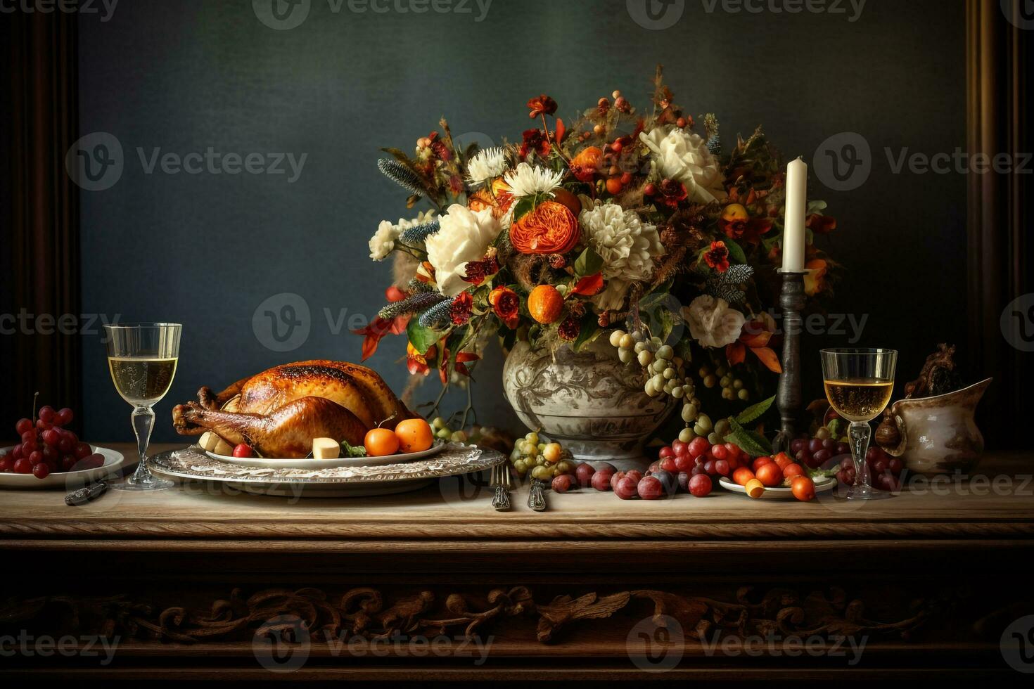 Thanksgiving Table Setting with Turkey AI Generative photo