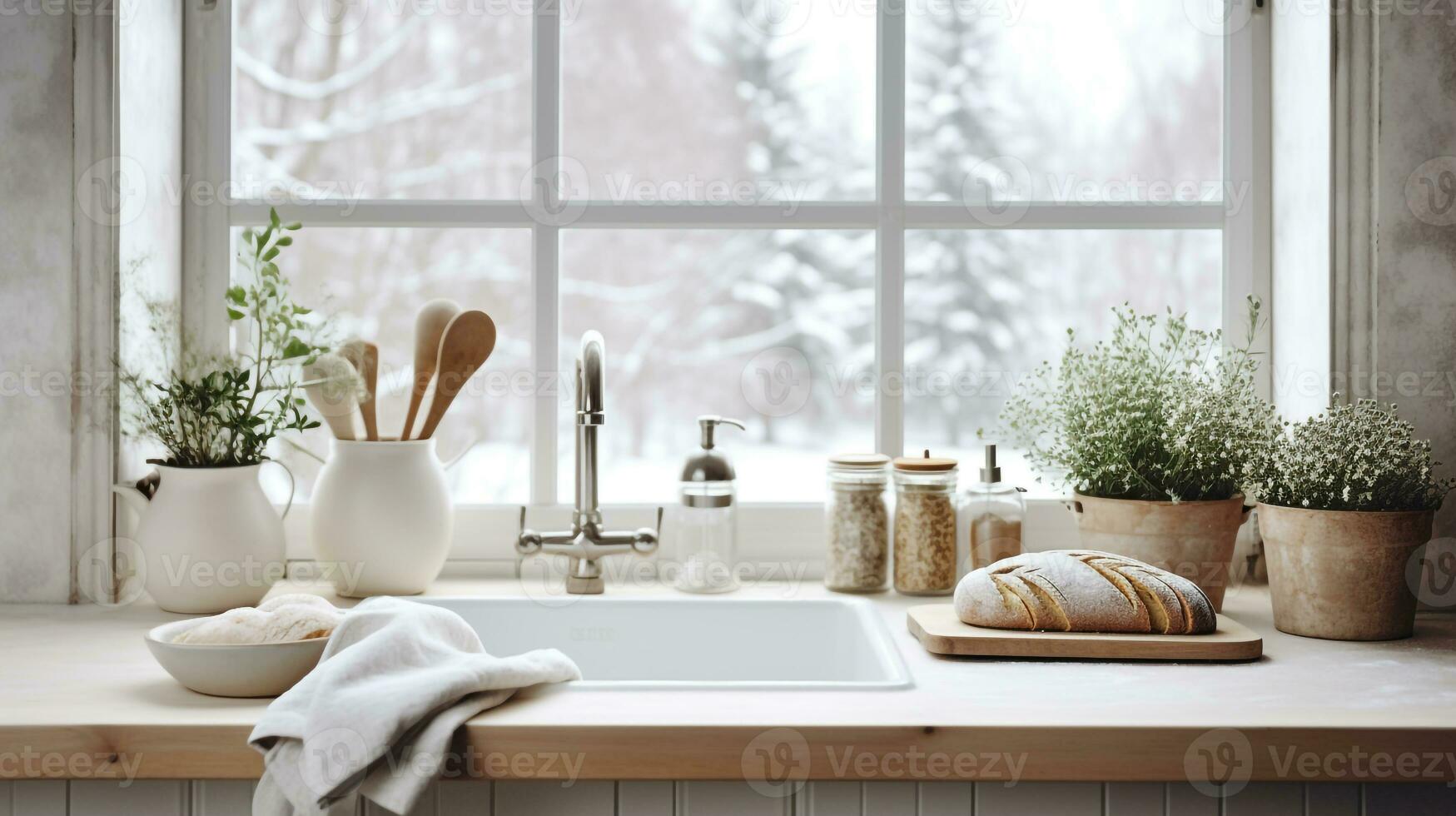 país casa de Campo cocina encimera con cocina utensilios en frente de el ventana ai generativo foto