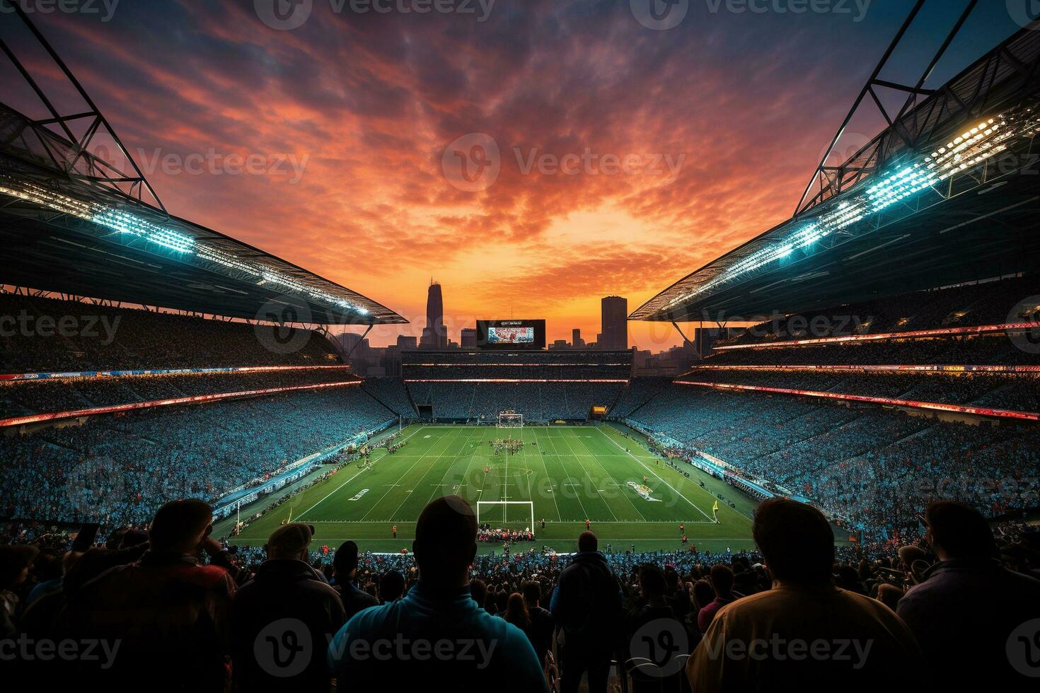 fútbol americano estadio concurrido con aficionados. oscuro cielo con nubes terminado el estadio. Deportes competencia concepto. generado por artificial inteligencia foto