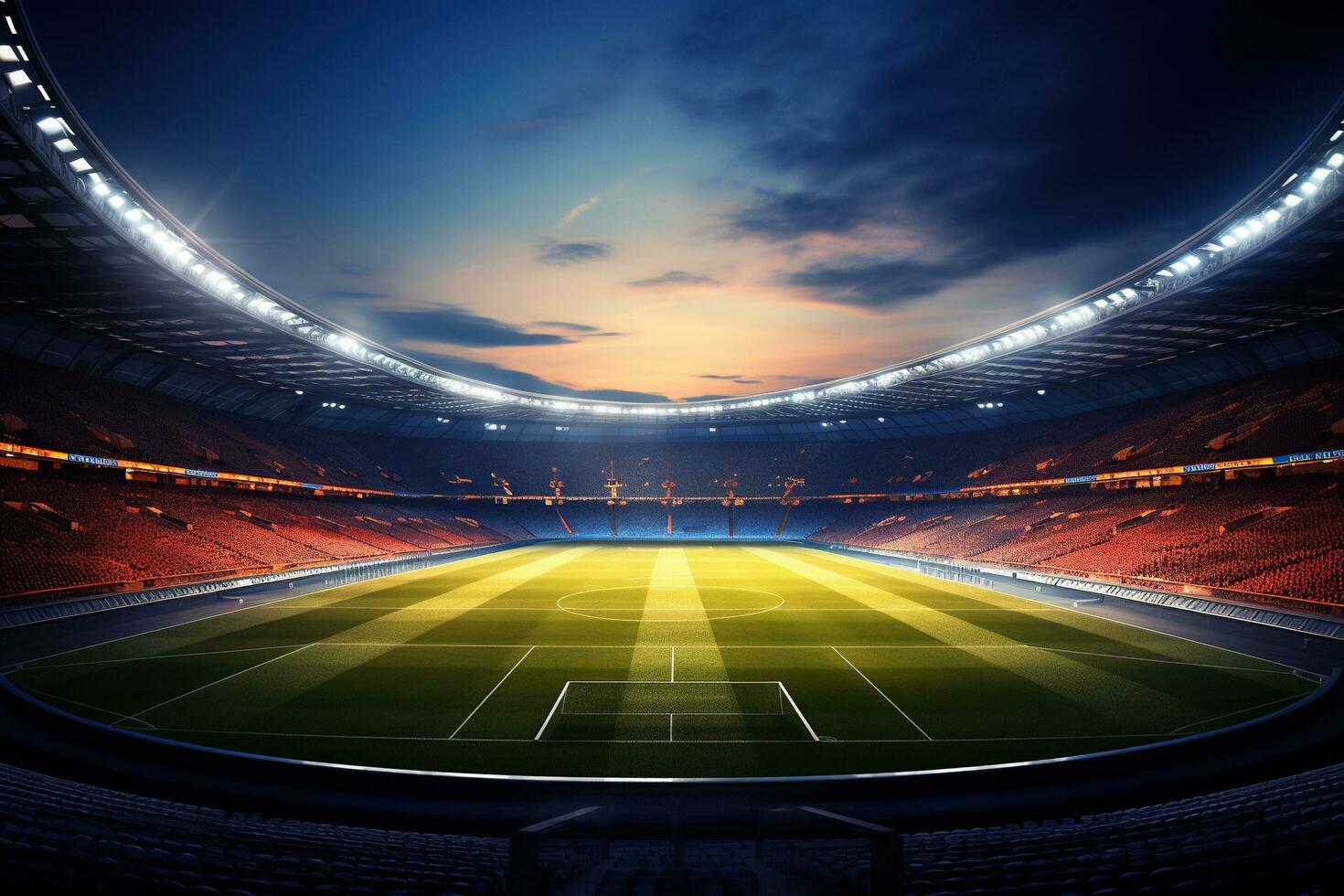 An empty stadium for playing football, soccer in the open air in the bright rays of floodlights. Dark sky with clouds over the stadium. Sports competition concept. Generated by artificial intelligence photo