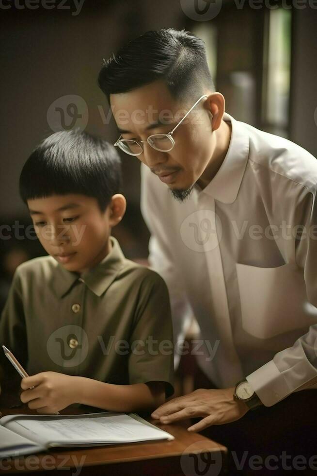 indonesio masculino profesor con su estudiante ai generativo foto