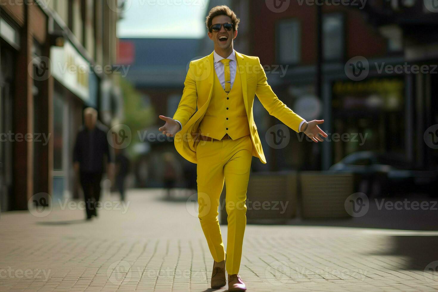 man with yellow suit walk joyful AI Generative photo