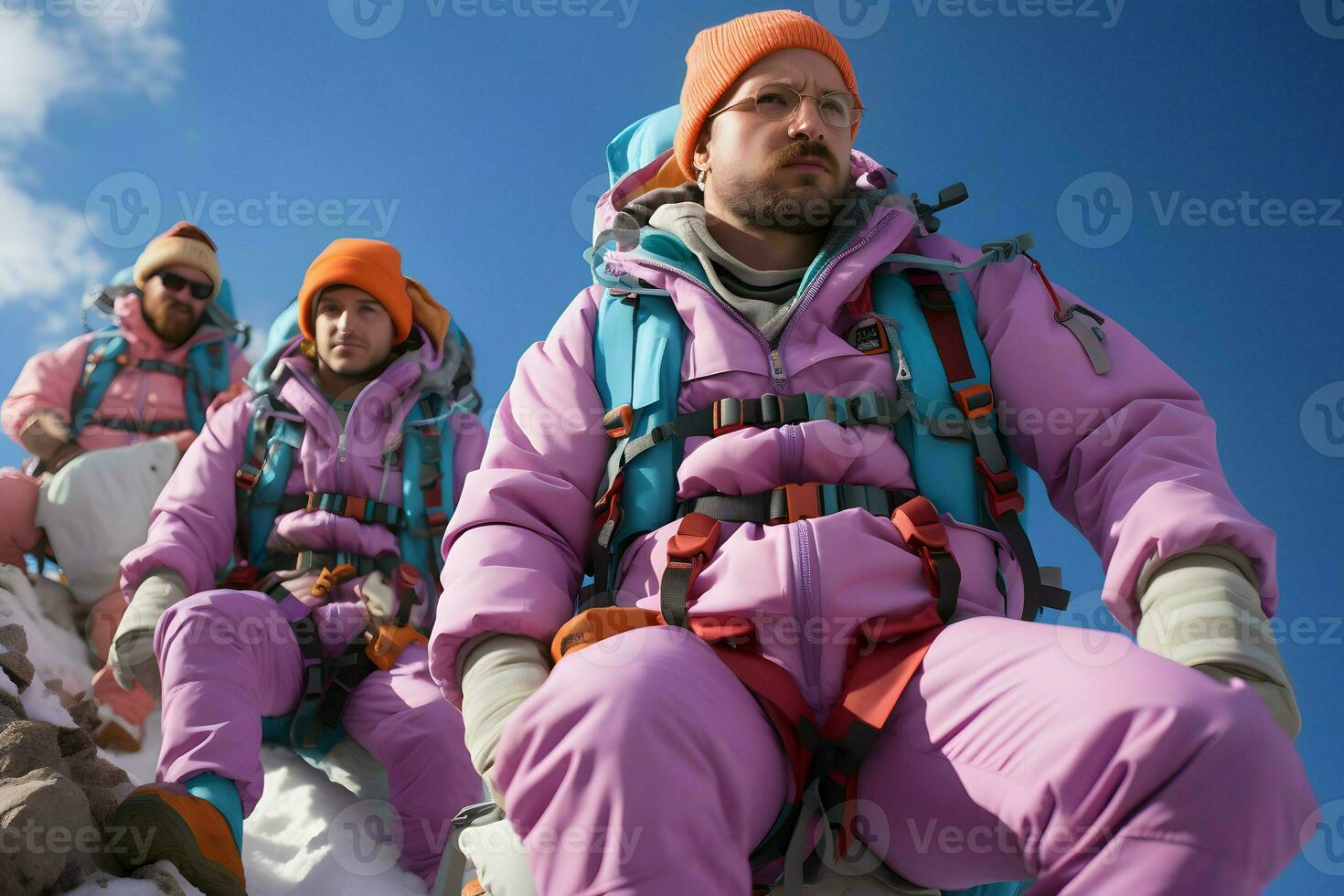 group of men wear colorful jacket and bag at mountain AI Generative photo