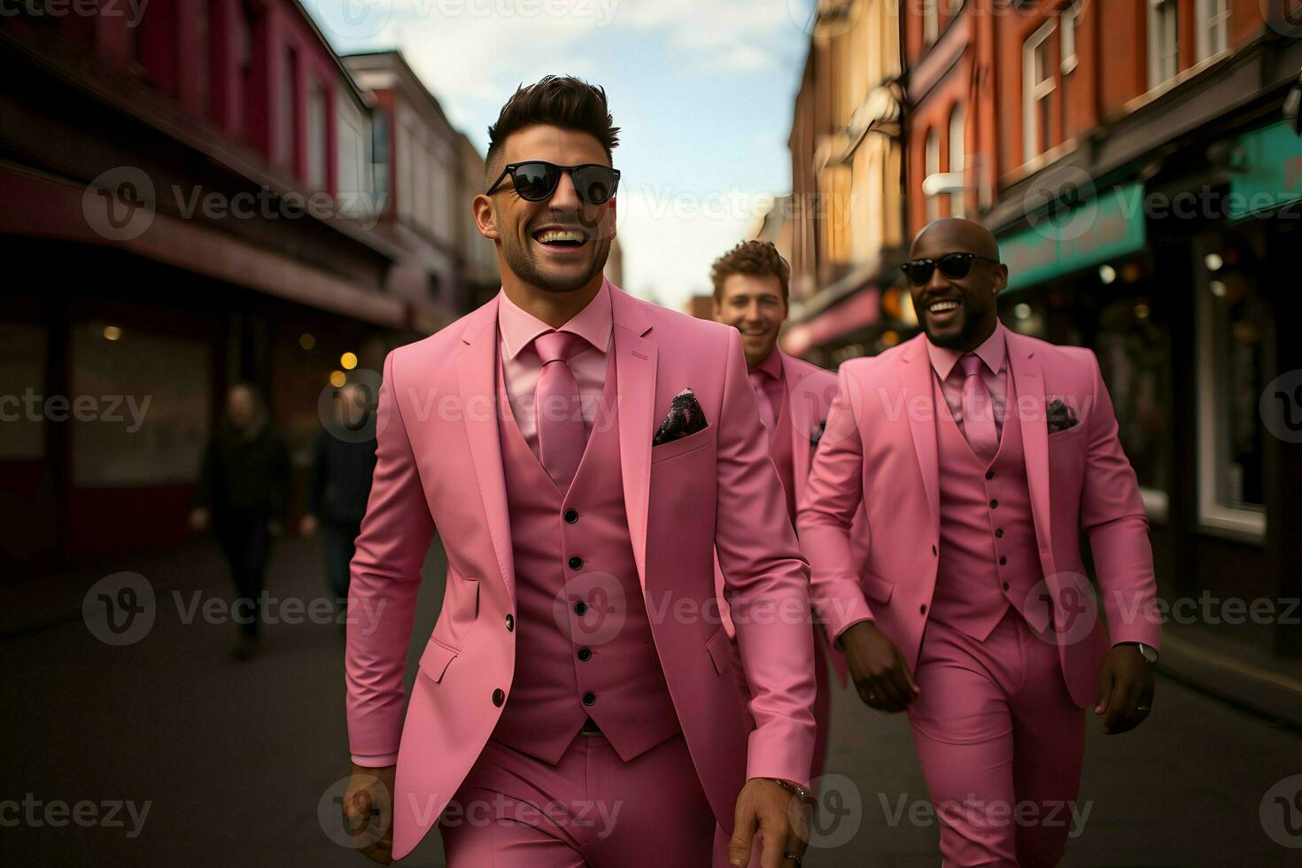 group of men walk around wearing pink suit AI Generative photo