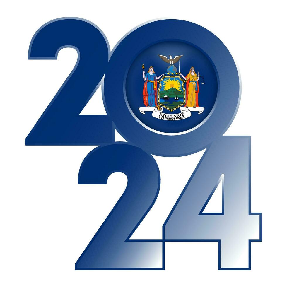 2024 banner with New York state flag inside. Vector illustration.