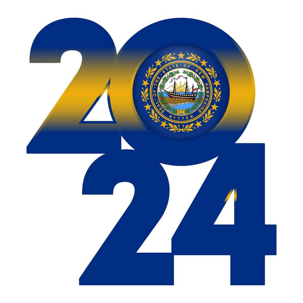 2024 banner with New Hampshire state flag inside. Vector illustration.
