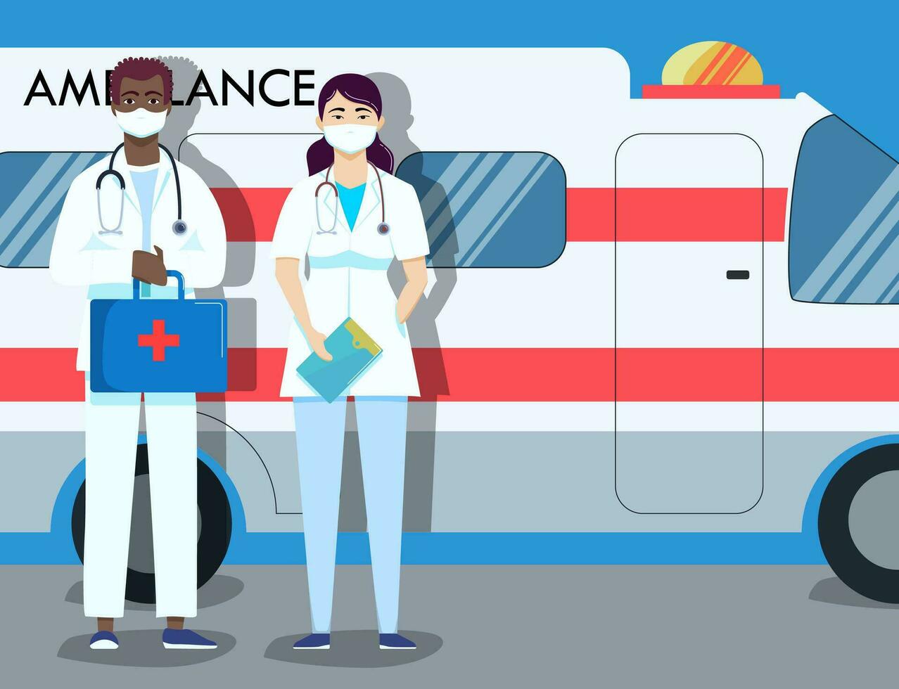 Ambulance staff and car. Couple of doctors. Doctor with an emergency bag, Assistant. Night Shift. Vector illustration in a flat style