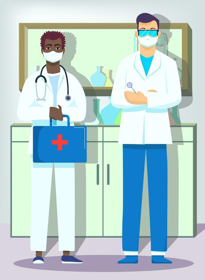 Ambulance Doctor with a first aid Kit in the hospital. Two masked doctors in the office vector