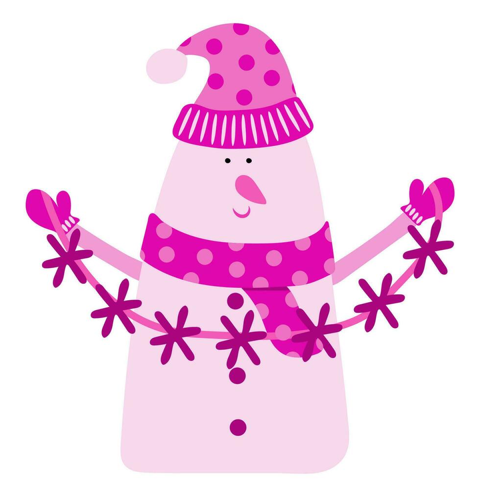 monigote de nieve en Barbie colores con un guirnalda de copos de nieve en un blanco antecedentes. rosado Navidad y nuevo año vector