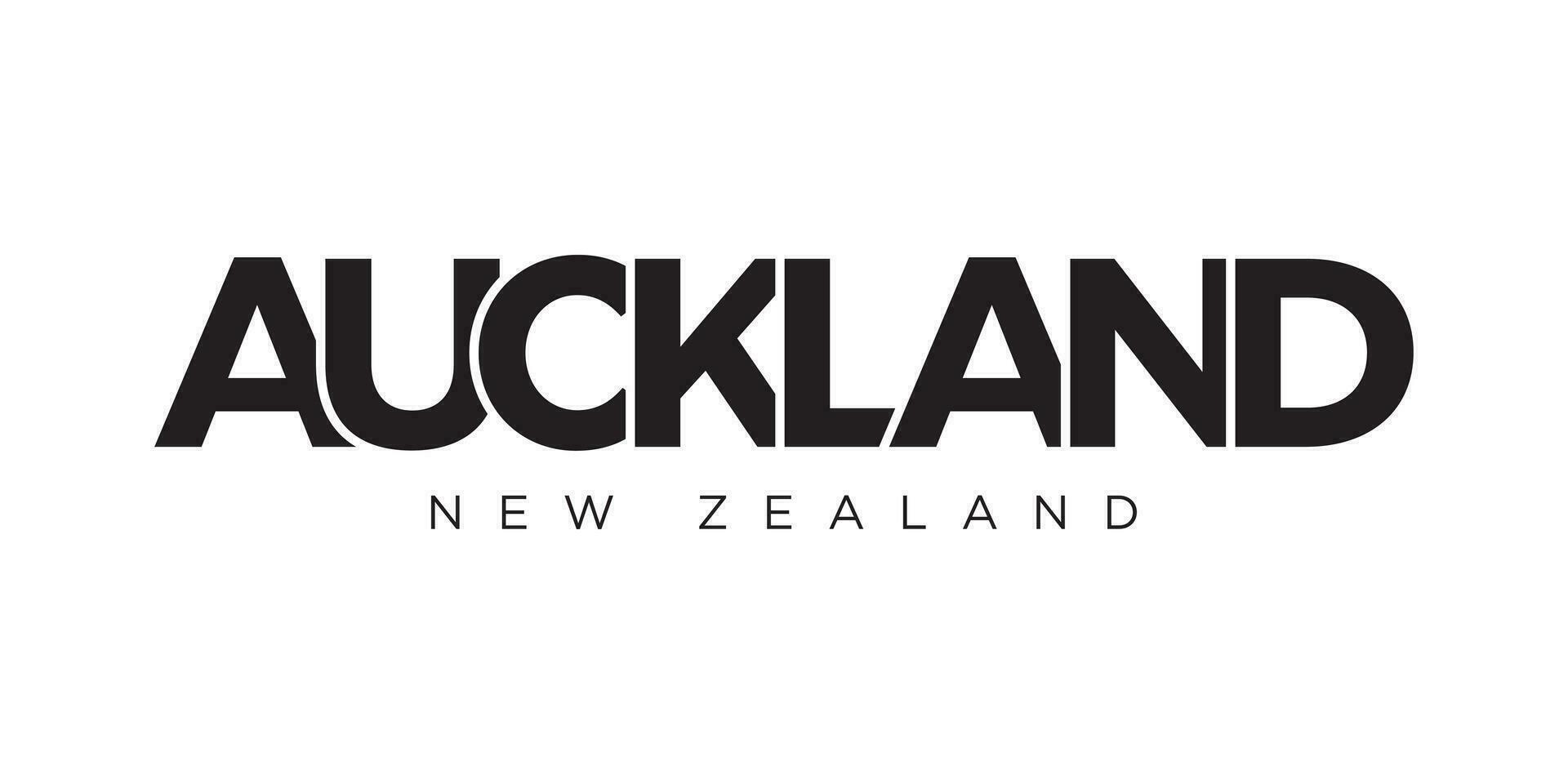 Auckland in the New Zealand emblem. The design features a geometric style, vector illustration with bold typography in a modern font. The graphic slogan lettering.