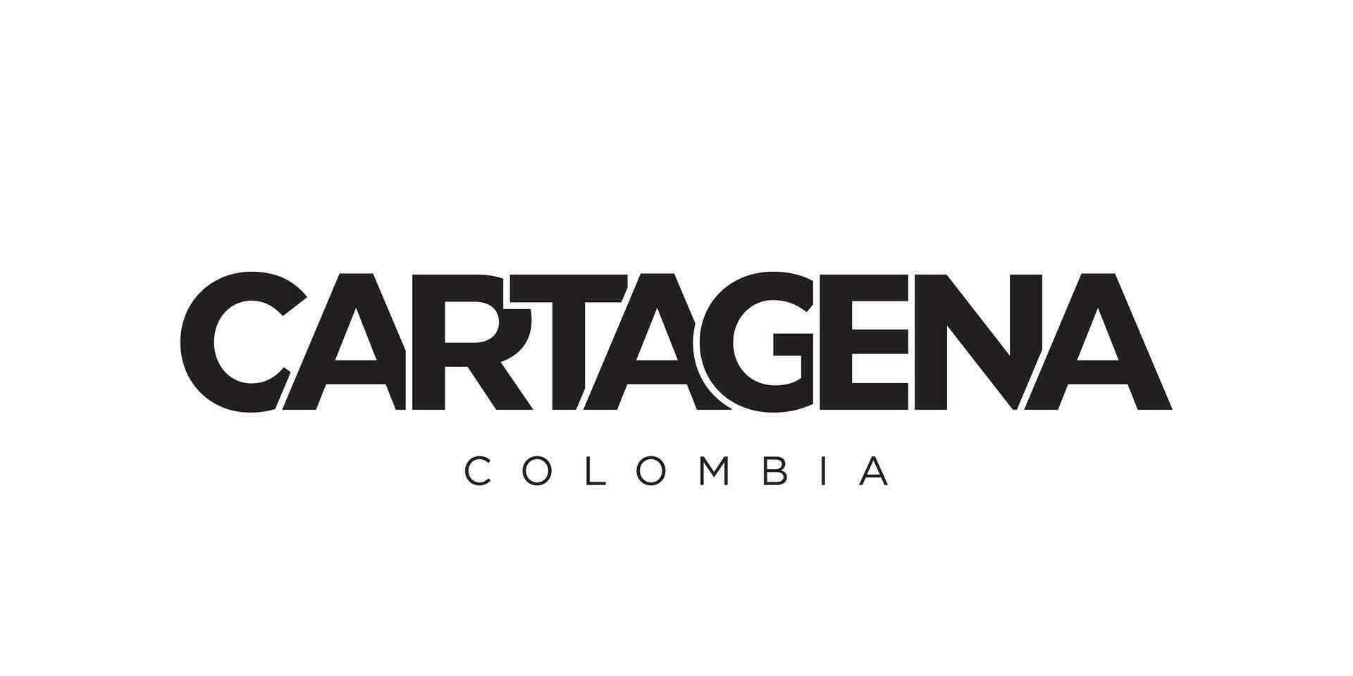 Cartagena in the Colombia emblem. The design features a geometric style, vector illustration with bold typography in a modern font. The graphic slogan lettering.