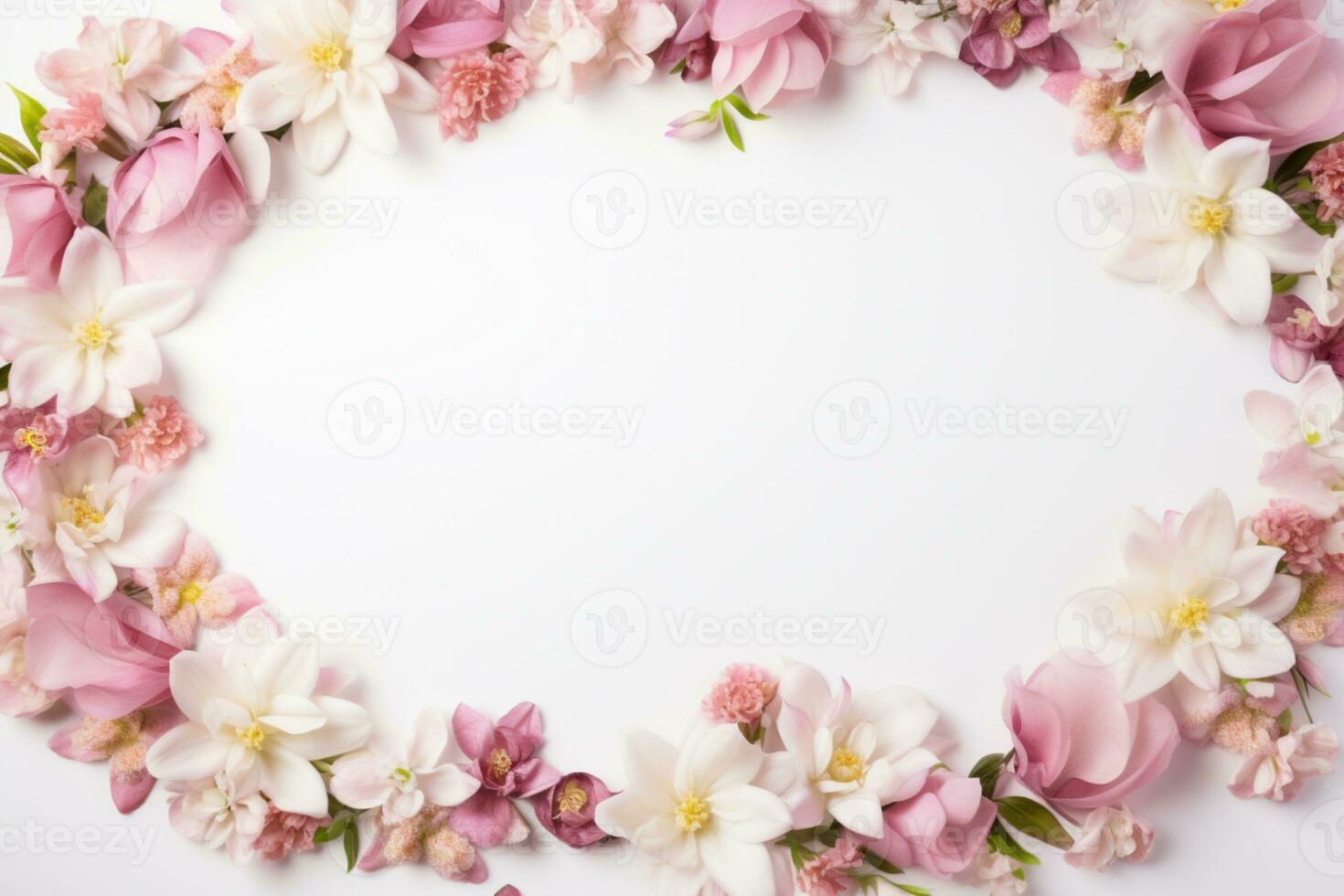 AI Generated flower frame on white with copy space photo