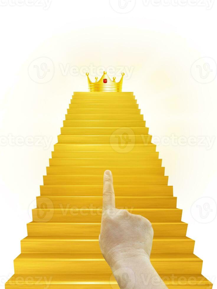 Hand pointing at the golden crown on the golden staircase photo